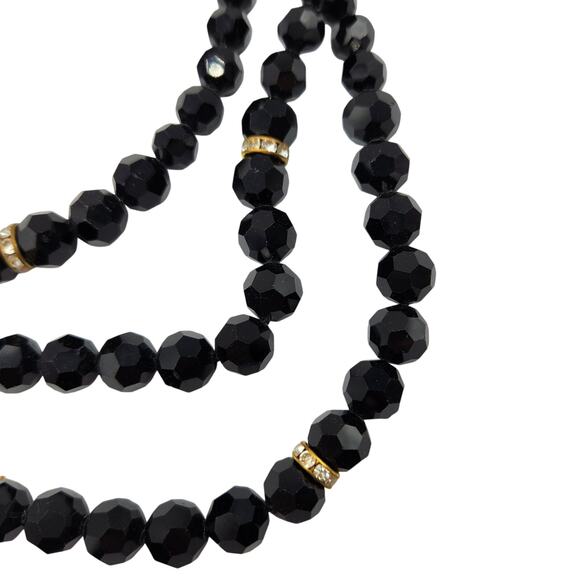 Faceted Black Beaded Multi-Strand Necklace with Rhinestone Accents - Picture 2 of 6